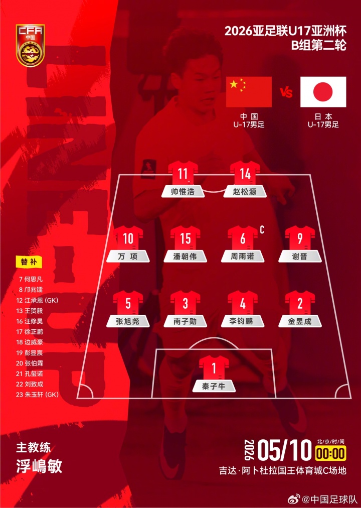 v体育平台-U17亚洲杯B组第二轮,中国U-17男足对阵日本U-17男足,首发公布